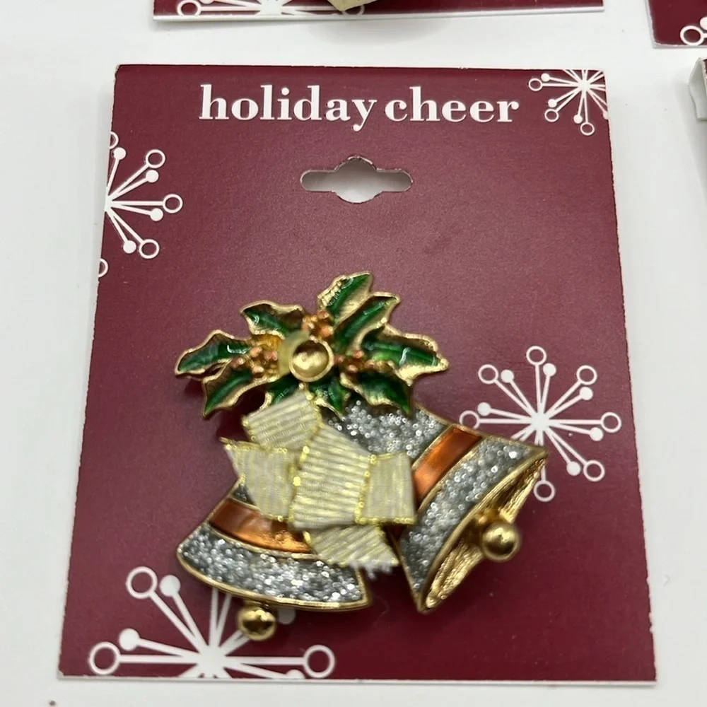 Christmas Brooches 5 and Set  and 1 Set Earrings Snowman Bell Penguin Angel Pins